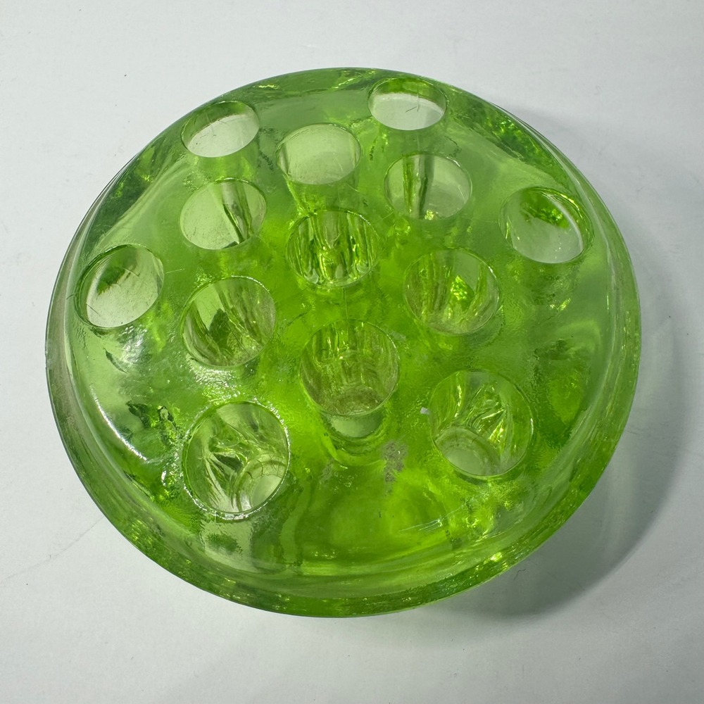 Vintage Green Glass 13 Hole Flower Frog Round Floral Stem Holder 4.25 Inch EUC